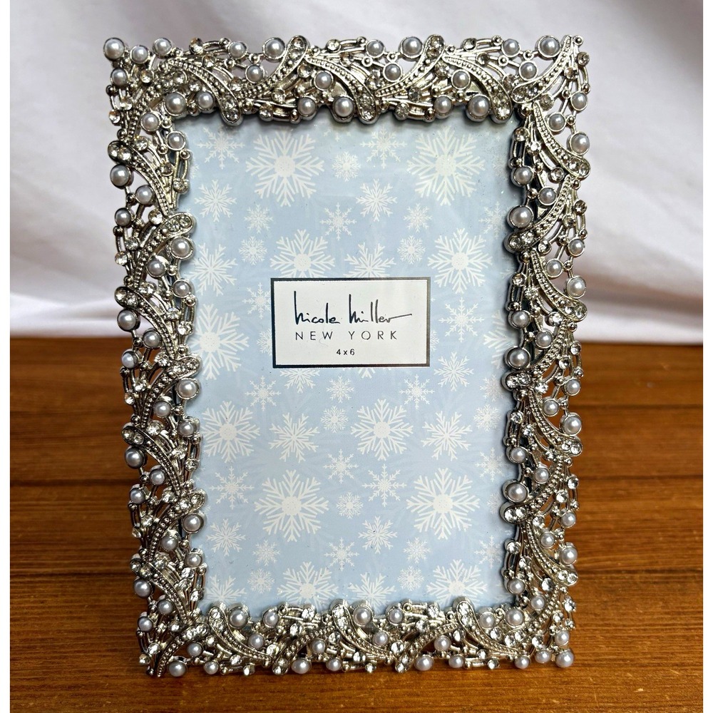 Nicole Miller New York Silver Metal Ornate Faux Pearl W/ Gems Picture Frame 4x6